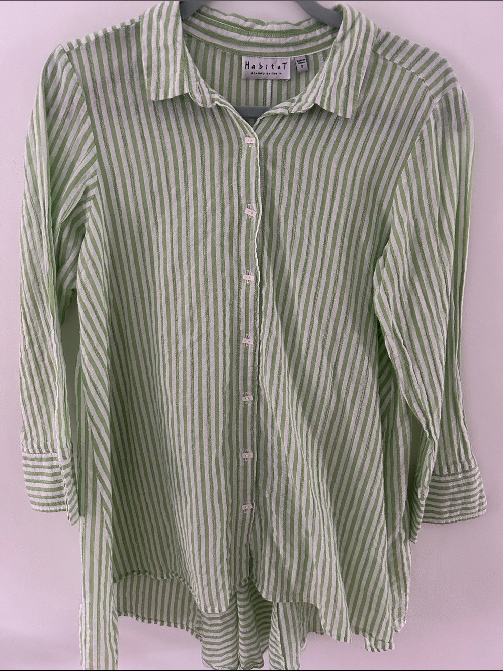 Habitat Cotton Button-Front Tunic Green/White Striped Lagenlook Coastal Small - Picture 14 of 14